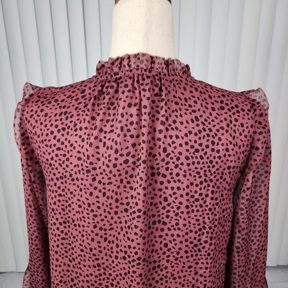 Loft Animal Print Ruffle Sleeve Blouse Front Keyhole Rose Black Size Small New - Picture 5 of 11